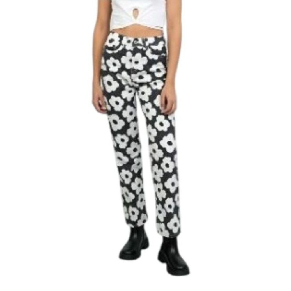 Cuidado Con El Perro Black White Floral Straight -Leg Pants Cotton Sz 10